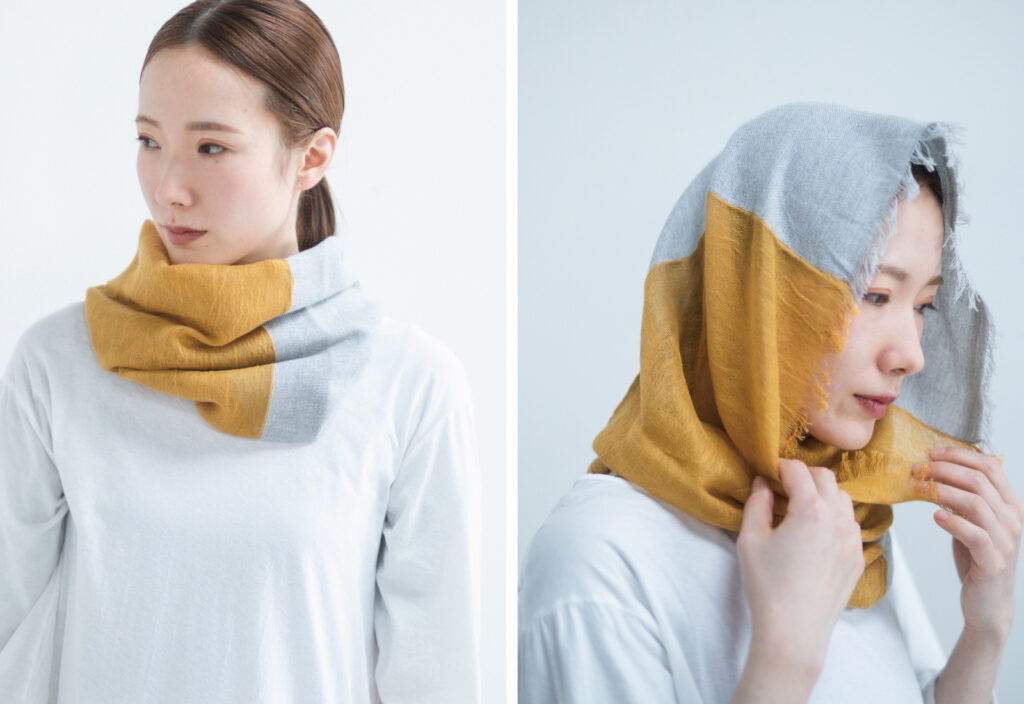 NECKABLE パーカースヌード ライムグリーン マスタード 人物着用アレンジ画像